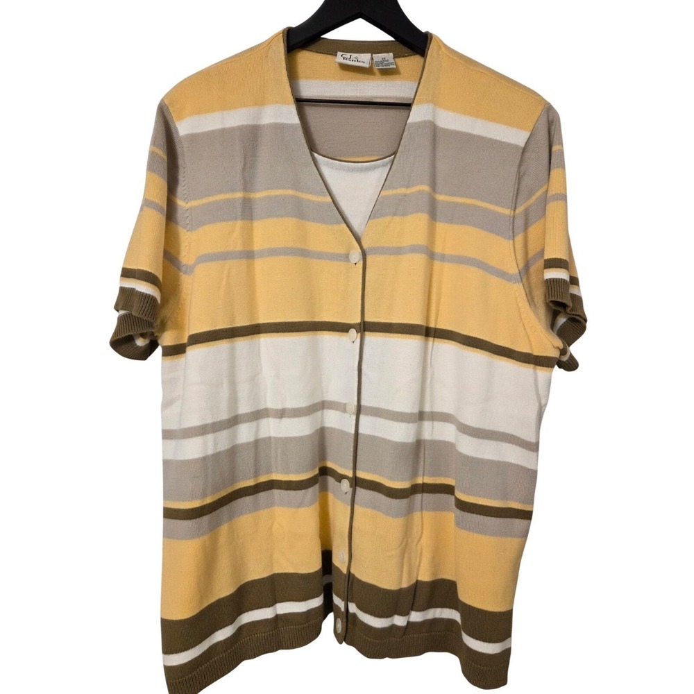 cj banks tight‎ knit cardigan sweater 2x, round neck spring color yellow stripe
